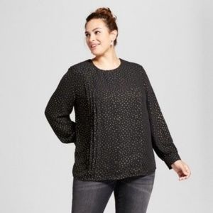 NWT Ava & Viv Pintuck Blouse Black Foil Print Gold